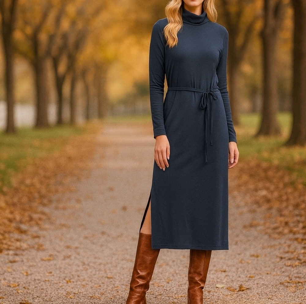 Garnet Hill Turtleneck Preppy Fall Work Casual Knit Midi Dress Navy Blue Medium